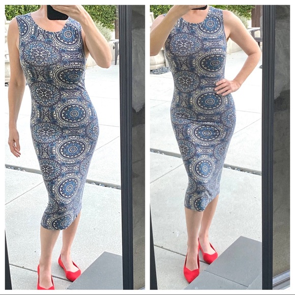 FREE PEOPLE DRESS bodycon FLORAL print sleeveless stretch blue gray tank tube M - Picture 2 of 10